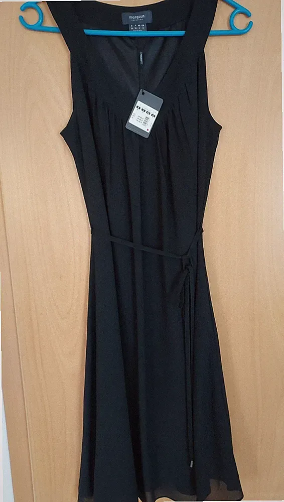 manguun Damen A-Linien-Kleid schwarz, Größe 34, ärmellos, mit Gürtel, Midi