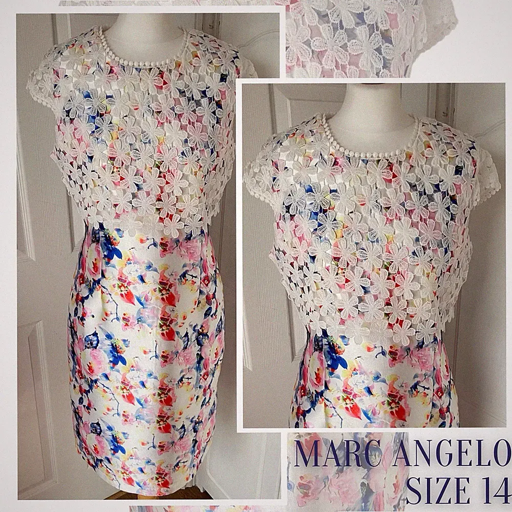 Marc Angelo Kleid Größe 14 Häkelspitze Lagenlook Blumen Hochzeit Gast Anlass