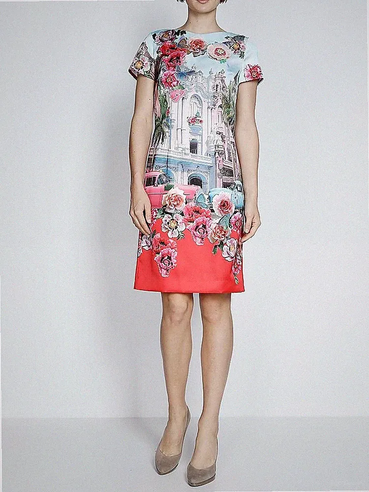 Marc Cain Collections Kleid N1 DE 34 XS Etuikleid Blau Pink Havanna Auto Blumen