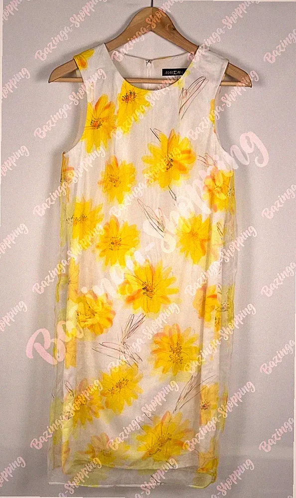 Marc Cain Collections Kleid N1 DE 34 XS Etuikleid Weiß Gelb Blumen Organza