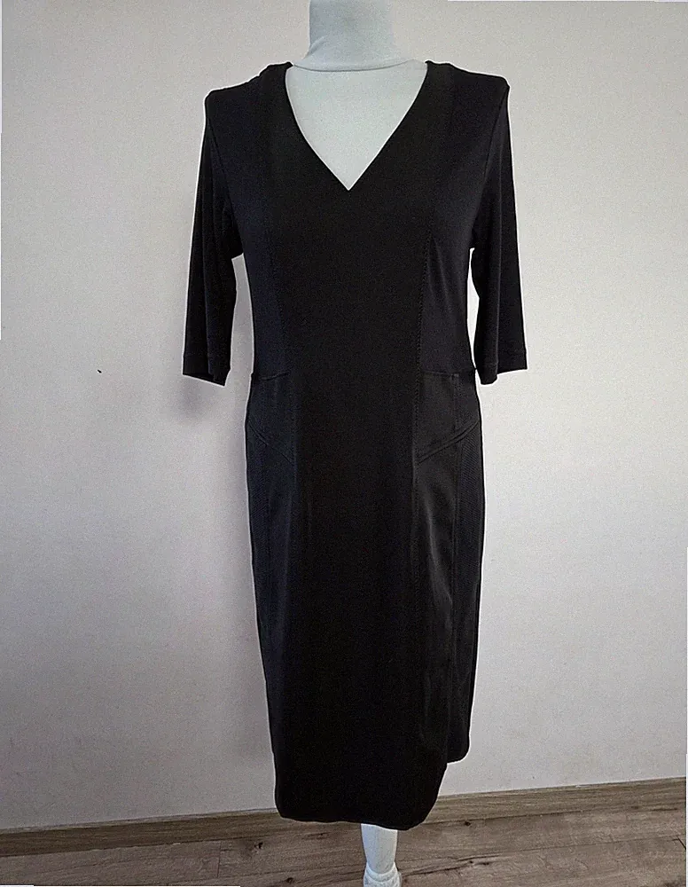 Marc Cain Etuikleid Midi Größe N5 Schwarz V-Ausschnitt 3/4-Ärmel Stretch