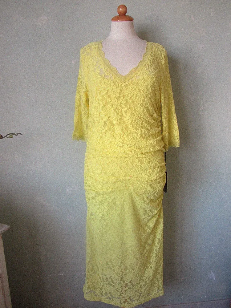 Marc Cain Kleid Spitze gelb gerafft Größe N5 / 40 L / 42 XL