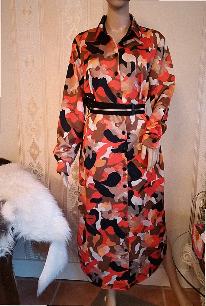 MARC CAIN Volants KLEID DRESS Camouflage Orange ROT GR M/L 40 Maxikleid MIDI
