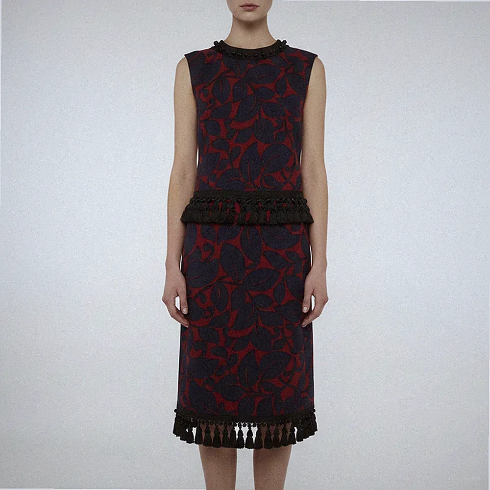 Marc Jacobs Marineblau Burgunderrot Blattmuster Wolle Quastendetail Etuikleid XS