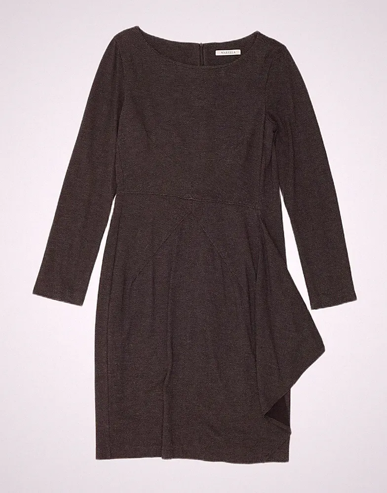 Marella Damen Langarm Etuikleid UK 12 Mittelgrau Fischgrätmuster QV08