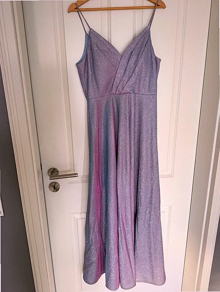 Marie Lund Damen Abendkleid Glitzer lila A-Linie V-Ausschnitt Spaghettitr. Gr.38