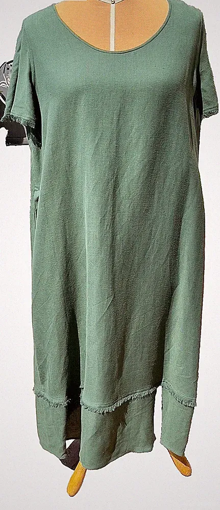 Marina Rinaldi Kleid 25 IT Verde Bosco con Frange Forest Green Leinenkleid NEU