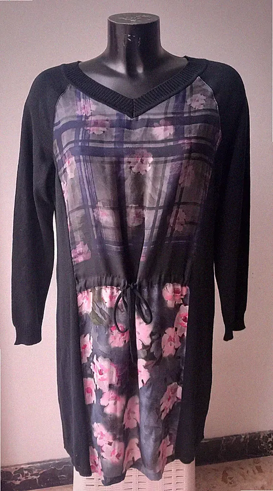 MARINA RINALDI Kleid Wolle Schwarz Grau Rosa Blumen Langarm Bindebändchen 40/42