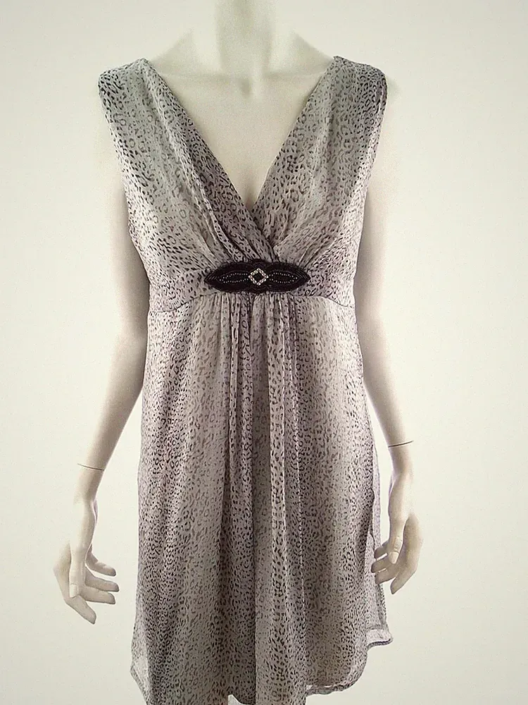 MARION ROTH Damen A-Linien-Kleid Gr. XL Grau Ärmellos Kristalle Knielang