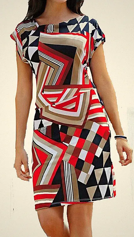Marken Stretch Kleid Etuikleid Gr. 40/42 rot Druck NEU 906869