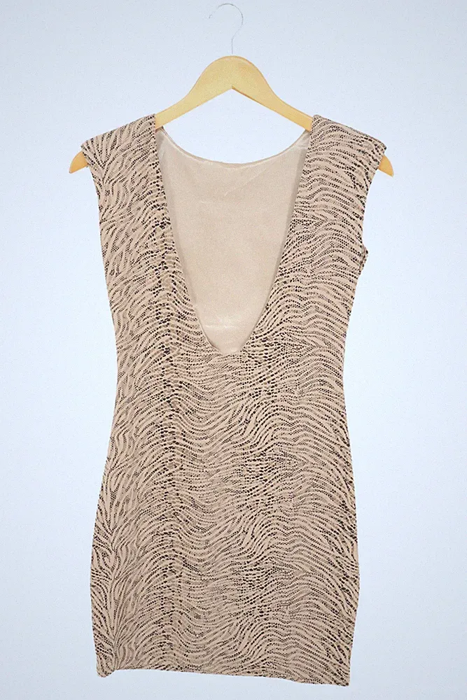 Markenlos Etuikleid Damen 38/M Beige Elegant Tierdruck V-Rücken