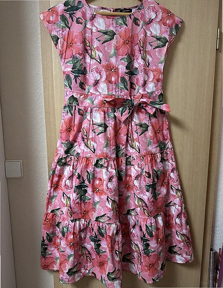Marks and Spencer Damenkleid Gr. 36 rosa/grün Blumen A-Linie Midi Baumwolle