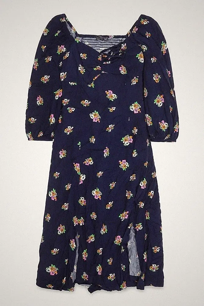 Marks & Spencer Damen A-Linie Kleid Größe 8 UK '' Blau Blumenmuster Midi V-Ausschnitt
