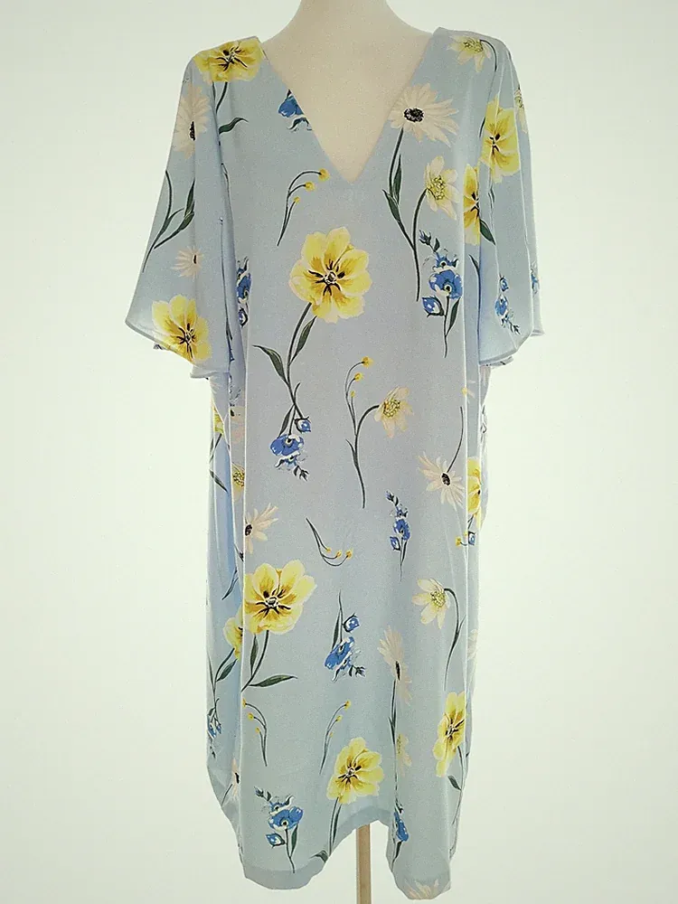 MARKS&SPENCER Damen Kleid Gr. 50 Blau Kurzer Ärmel Midi V-Ausschnitt
