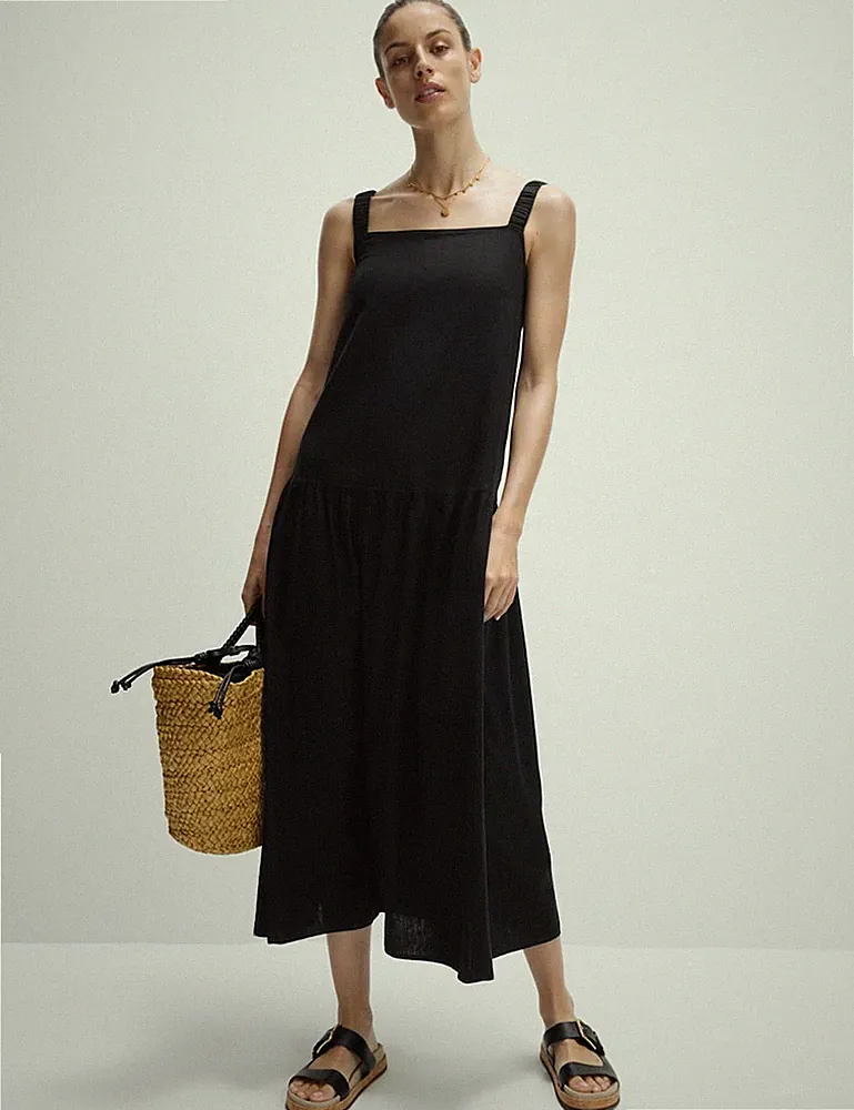 Marks & Spencer Damen Schwarz Leinenmischung Swing Midikleid - M&S