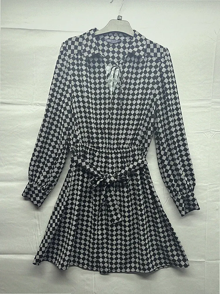 Marks & Spencer Kariertes Damen Kleid Größe 12 A-Linie Bündchen Langarm Gürtel