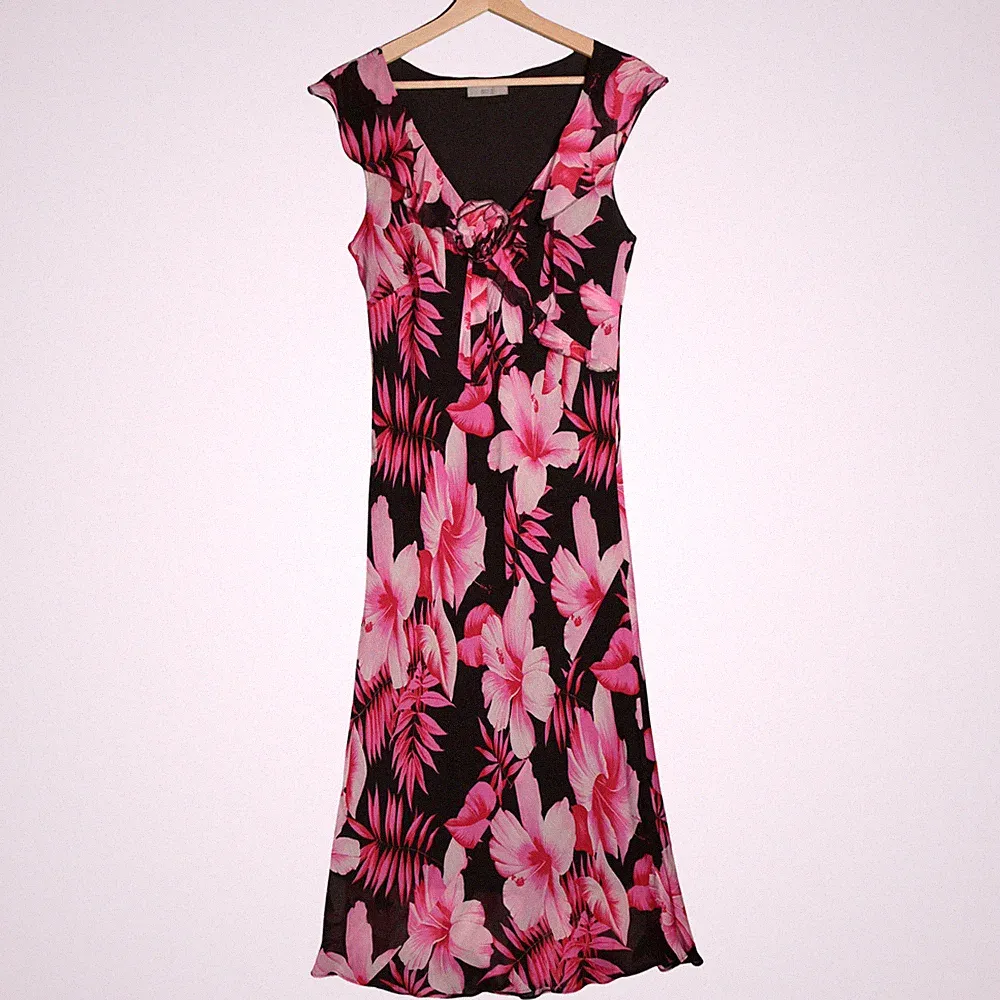 Marks & Spencer Kleid Größe UK 14 Schwarz Rosa Blumen Auffällig Hochzeit Gast Party Y2K