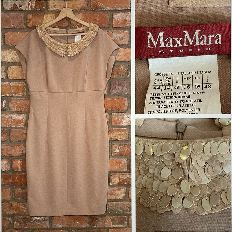 Max Mara Studio Etuikleid Bateau Pailletten Ausschnitt Flügelärmel Gr UK 16