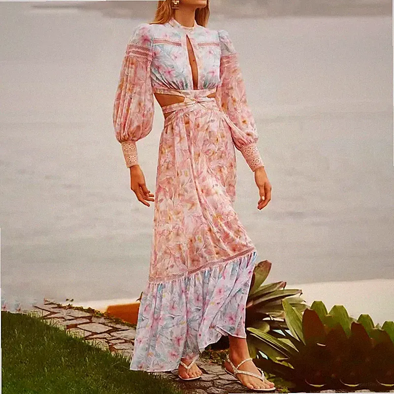 Maxi-Kleid Damen Boho Rosa mit langen Ärmeln bis zur Knöchel 404