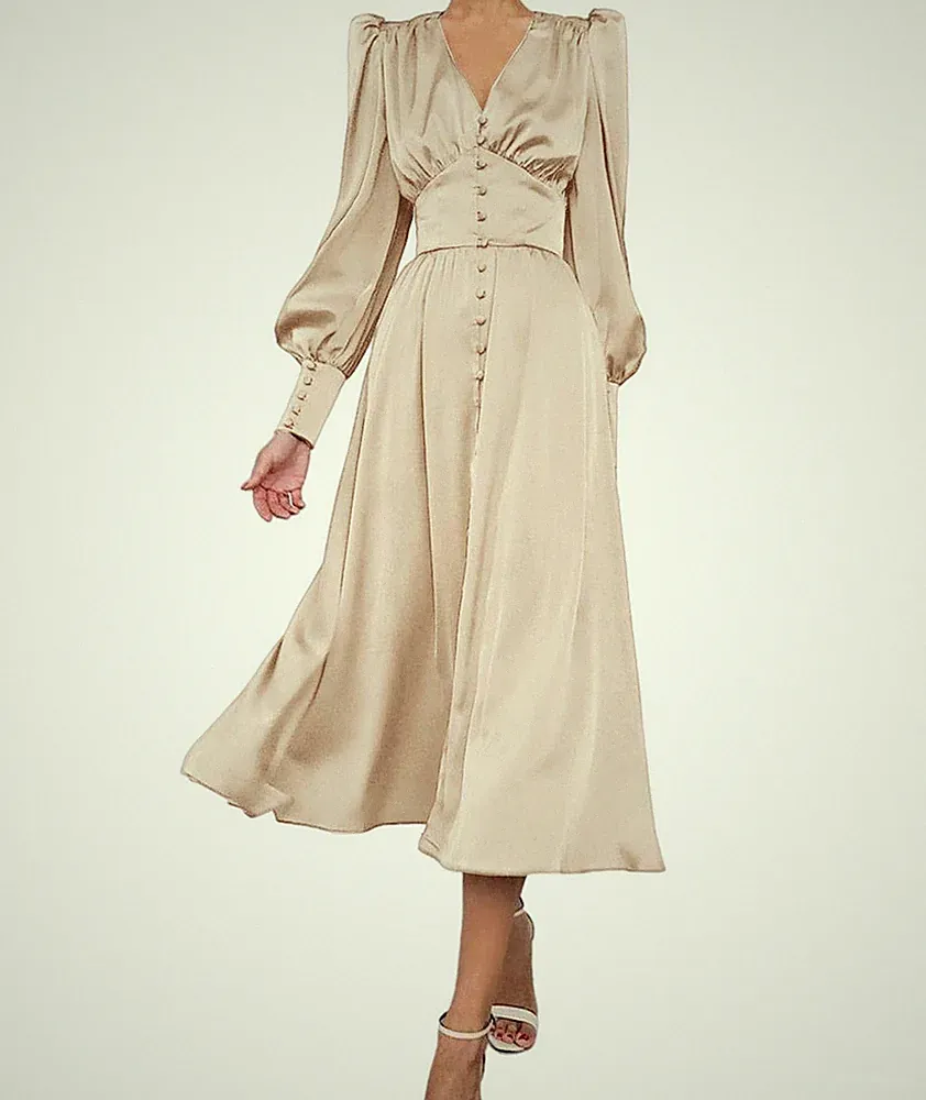 Maxi-Satin-Kleid Damen Elegant Vintage Puffärmel A-Linie V-Ausschnitt Beige XS