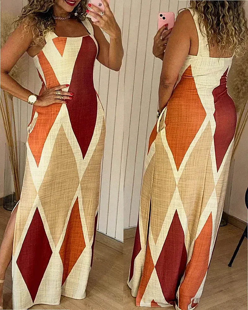 Maxikleid Eng Anliegend Geometrisch Mehrfarbig Mit Breiten Trägern CF77144