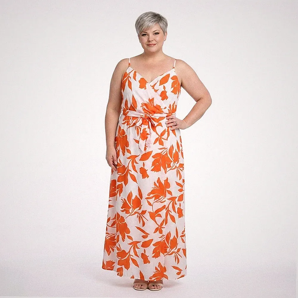 Maxikleid Quiz orange weiß Blumen UK 18 Wickeloptik Sommer Urlaub Hochzeit Gast