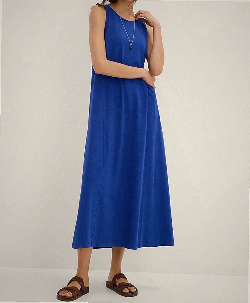 Maxikleid Sommerkleid 44 46 Kleid Maxi Sommer Blau ärmellos A-Linie luftig #884