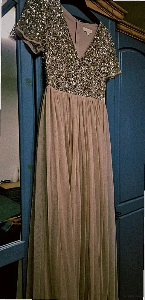 Maya Deluxe Abendkleid Beige/Gold/Silber Lang V-Ausschnitt Pailletten Tüll 38