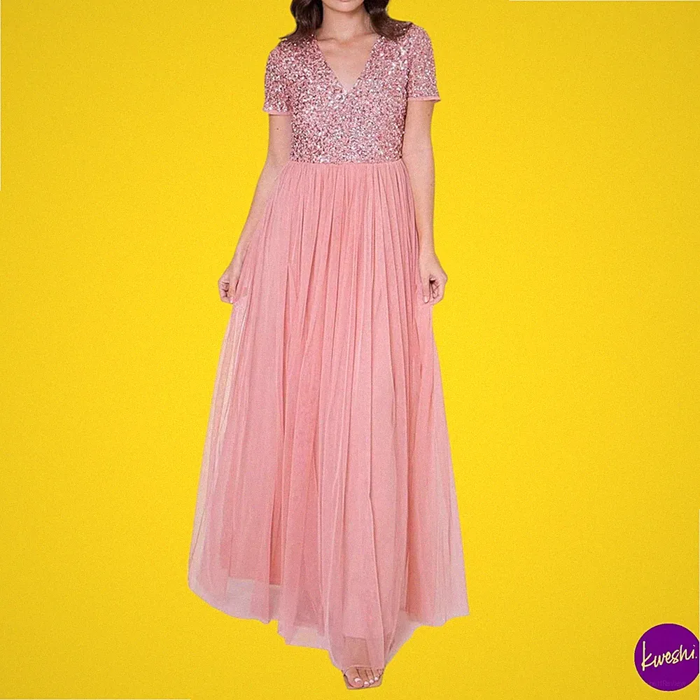 MAYA DELUXE Damen Abendkleid Pailletten Empire Taille, Blossom, UK 14 | EU 42