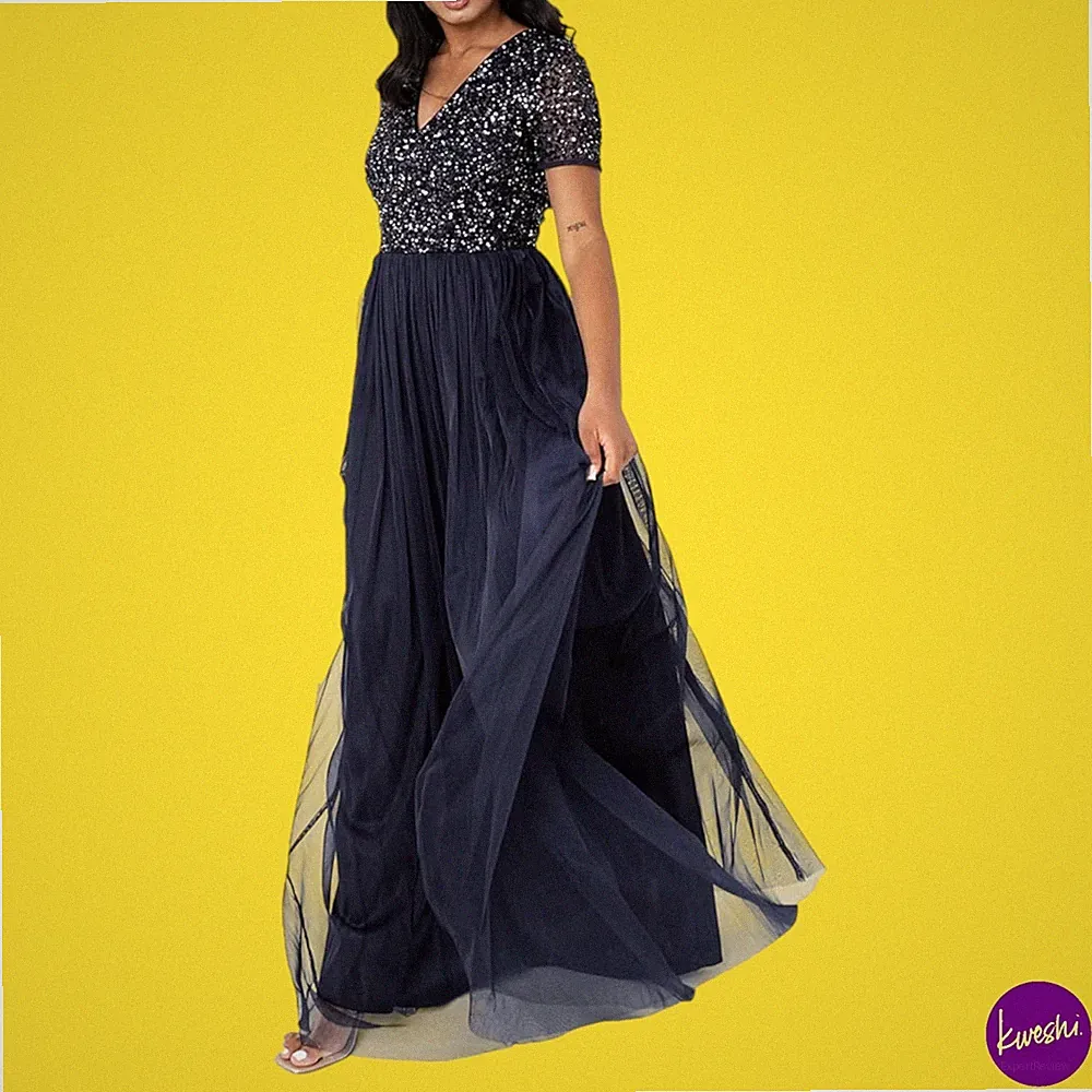 MAYA DELUXE Damen Abendkleid, Paillettenverzierung, Navy, UK 26 | EU 54
