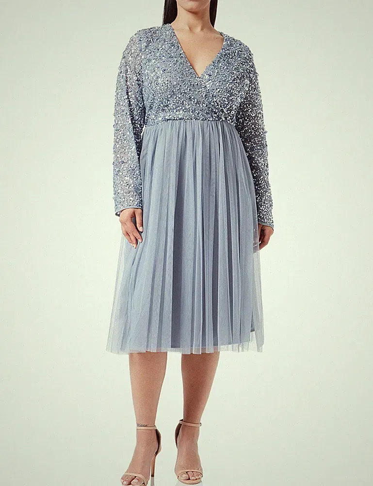 Maya Deluxe Damen Ladies Hochzeitsgast Midikleid Langarm tiefer Ausschnitt