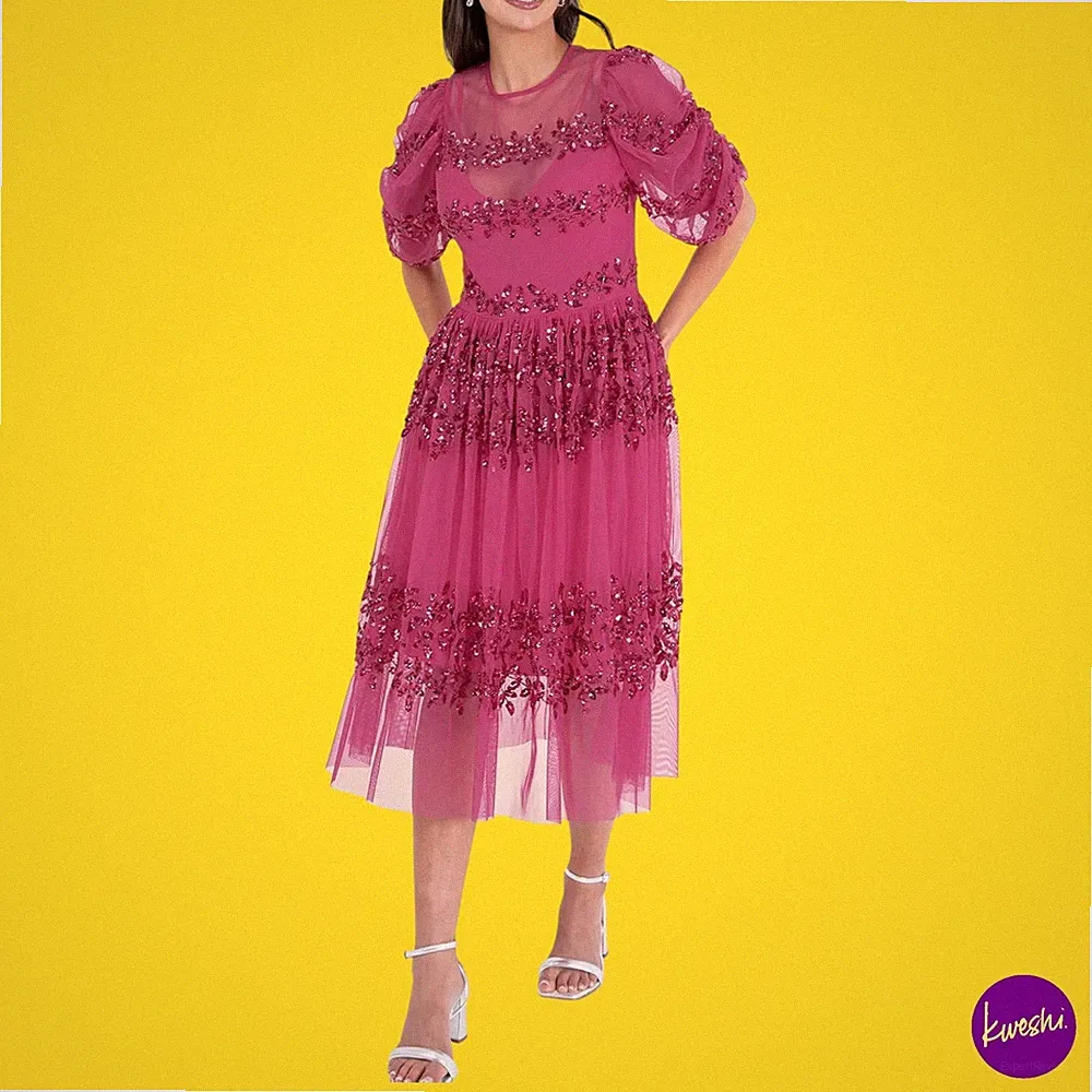 MAYA DELUXE Damen Midikleid mit Paillettenverzierung, Fuchsia, UK 12 | EU 40 | US 8