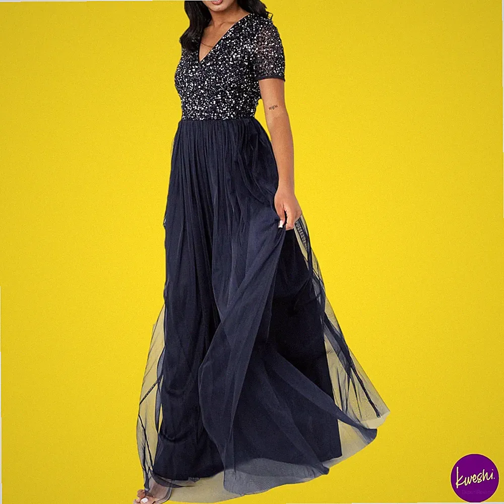 MAYA DELUXE Damen Pailletten Empire Maxikleid, Tüll, Navy, UK 20 | EU 48 | US 16