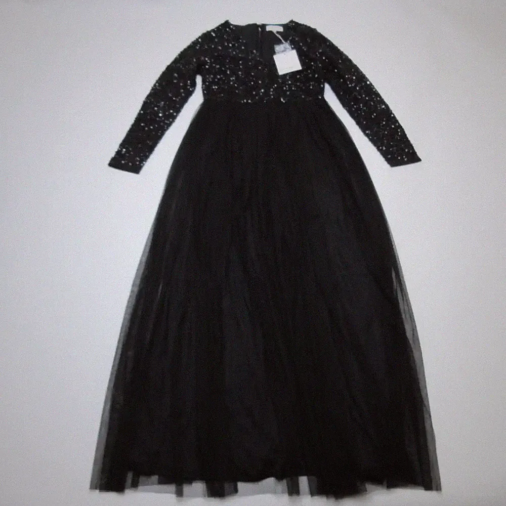 Maya Deluxe Damen Pailletten Maxikleid UK 12 Schwarz Langarm V-Ausschnitt Abendkleid