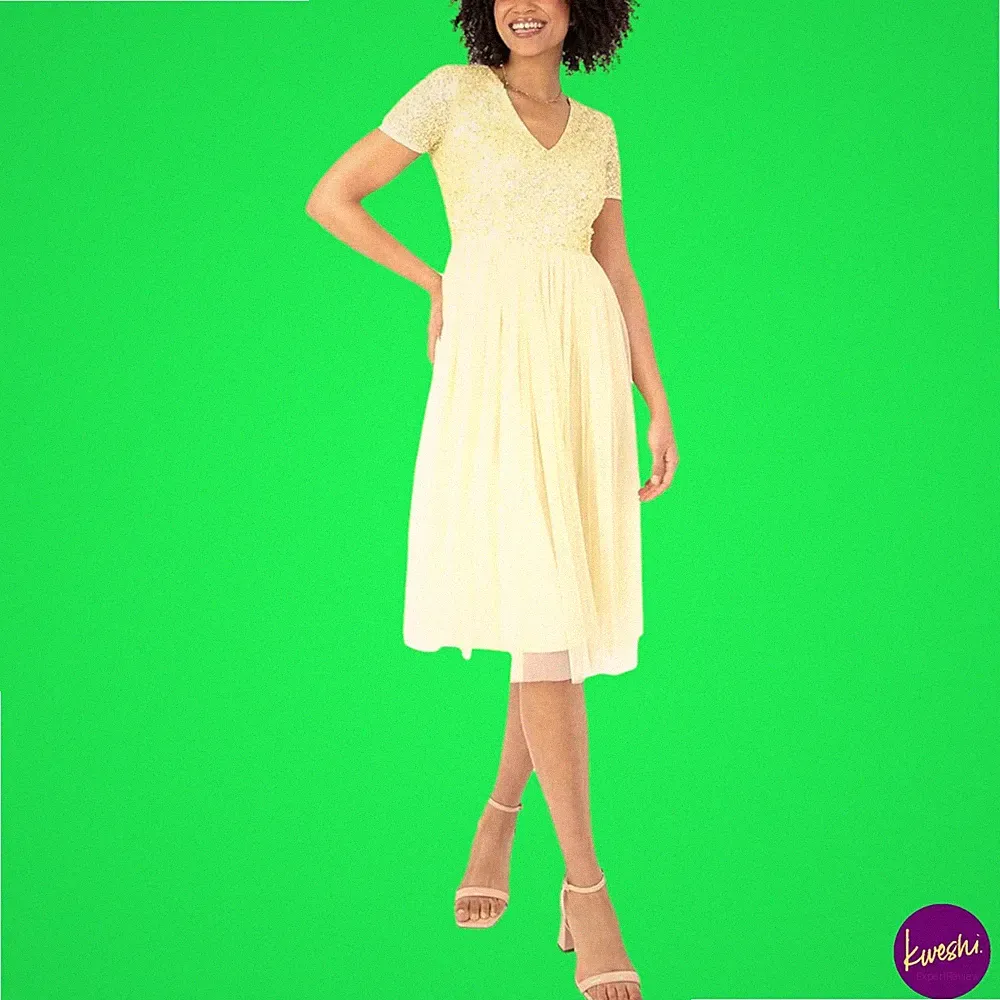 MAYA DELUXE Damen verziertes Midi-Anlasskleid Lemon, UK 14 | EU 42 | US 10