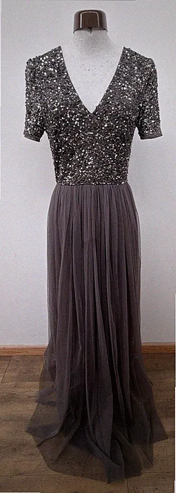 Maya Deluxe Kleid grau mit silbernen Pailletten Damen UK 8 Abschlussball Anlasskleidung