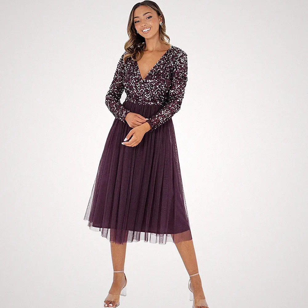 Maya Deluxe Maya Deluxe Damen Frauen Hochzeitsgast Midi Langarm Plu