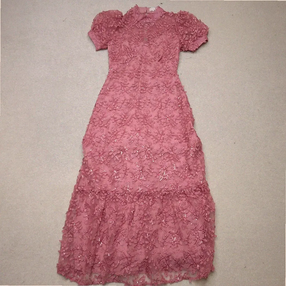 Maya Deluxe rosa Spitzenkleid UK Größe 6 Langarm Blumenstickerei Rüschensaum