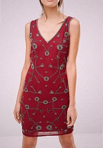 Maya Kleid mit Perlenbesatz Party Red BURGUNDY V-Ausschnitt Tall UK14 EUR42 US10