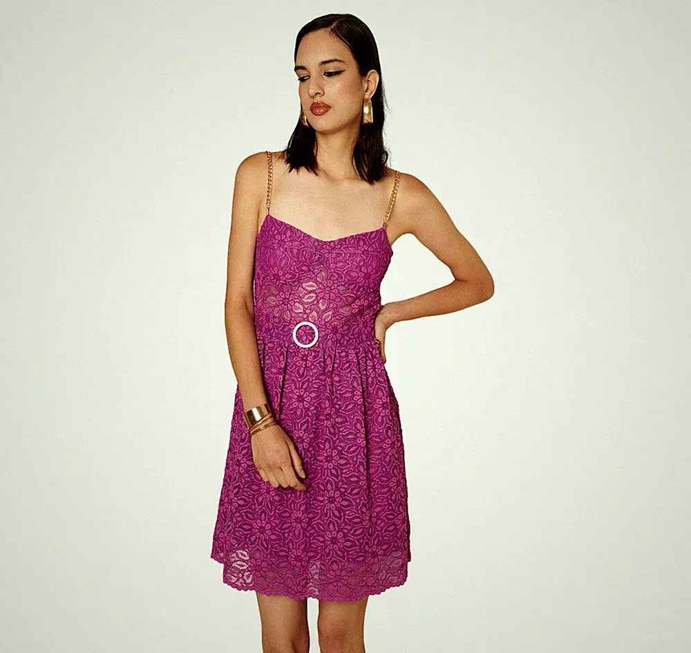 MDM Mademoiselle Du Monde Damen Kleid mit floraler Spitze MDM4001 Farbe Magenta