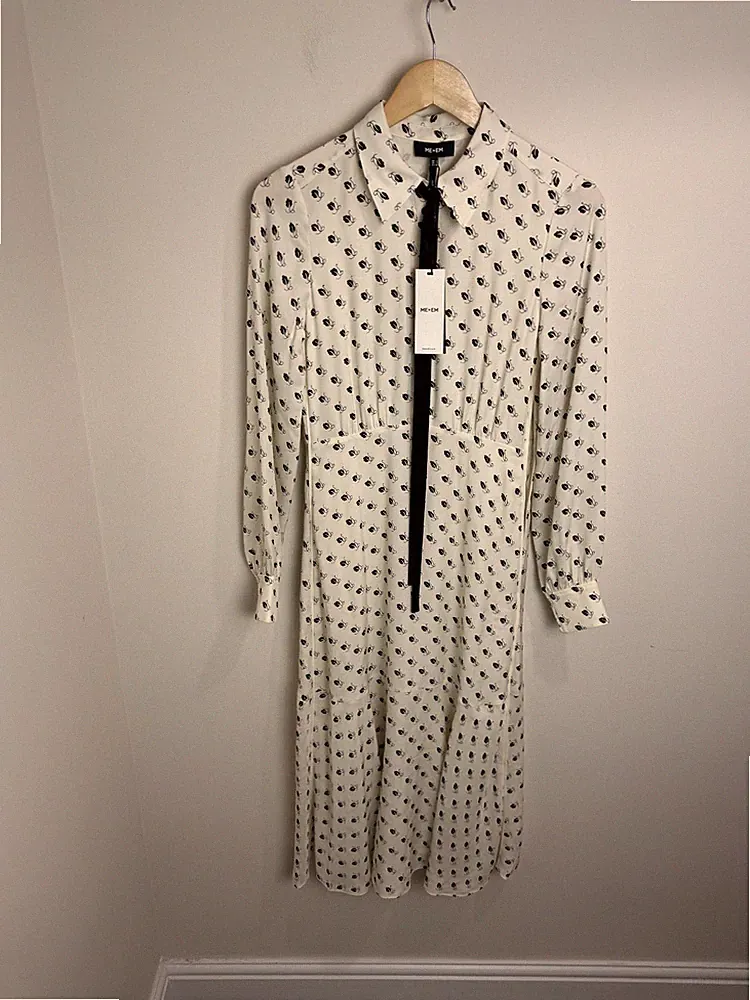 Me+Em 100% Seide Midikleid Größe 6 Creme Eichenblatt Muster Hochzeit Gast Luxus