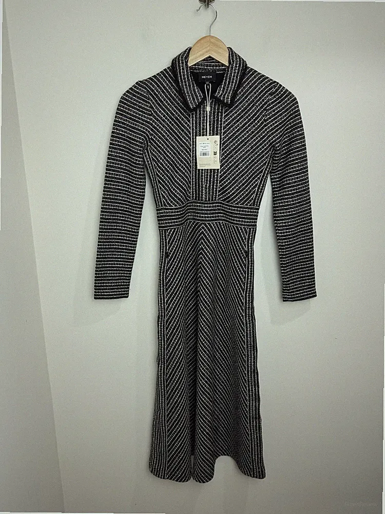 Me+Em gestreiftes Tweed Midikleid Gr. 4 schwarz Kragen A-Linie Anlass