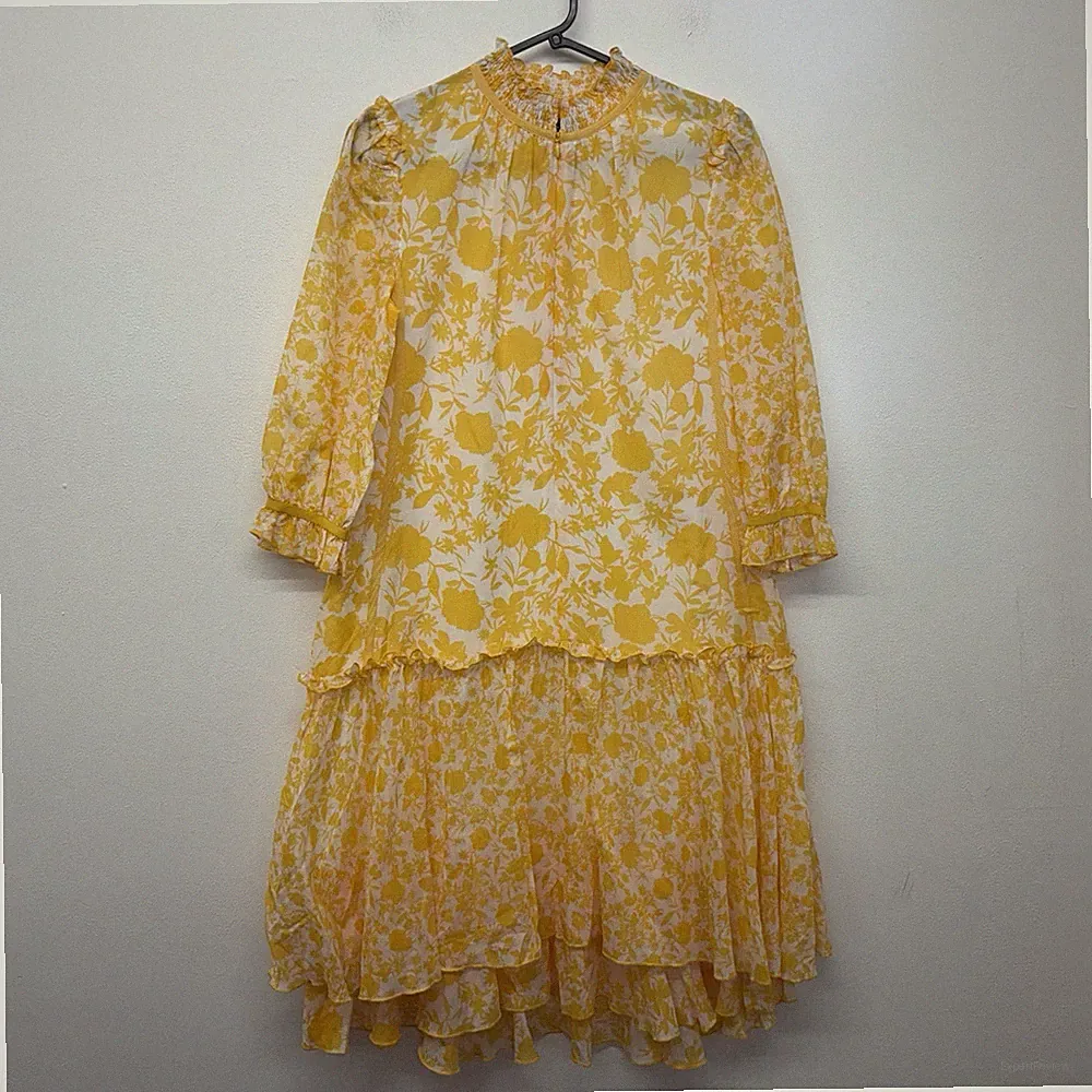 Me & Em Minikleid Größe 6 gelb Blumen Hochzeitsgast Baumwolle Seide