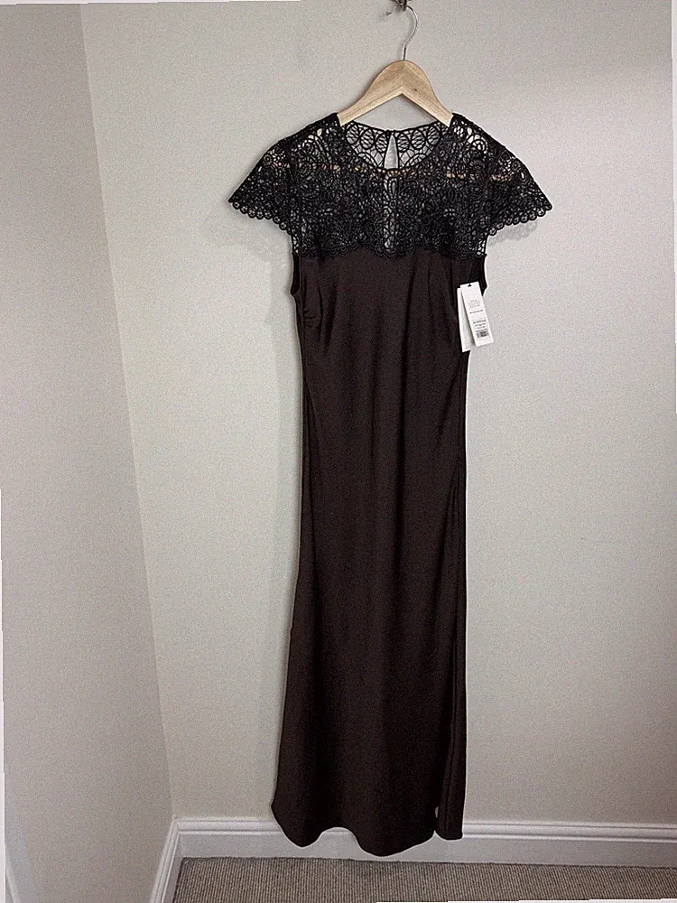 Me+Em Satin Schrägschnitt Maxikleid Gr. 10 Spitzenbesatz Schokobraun Hochzeitsgast