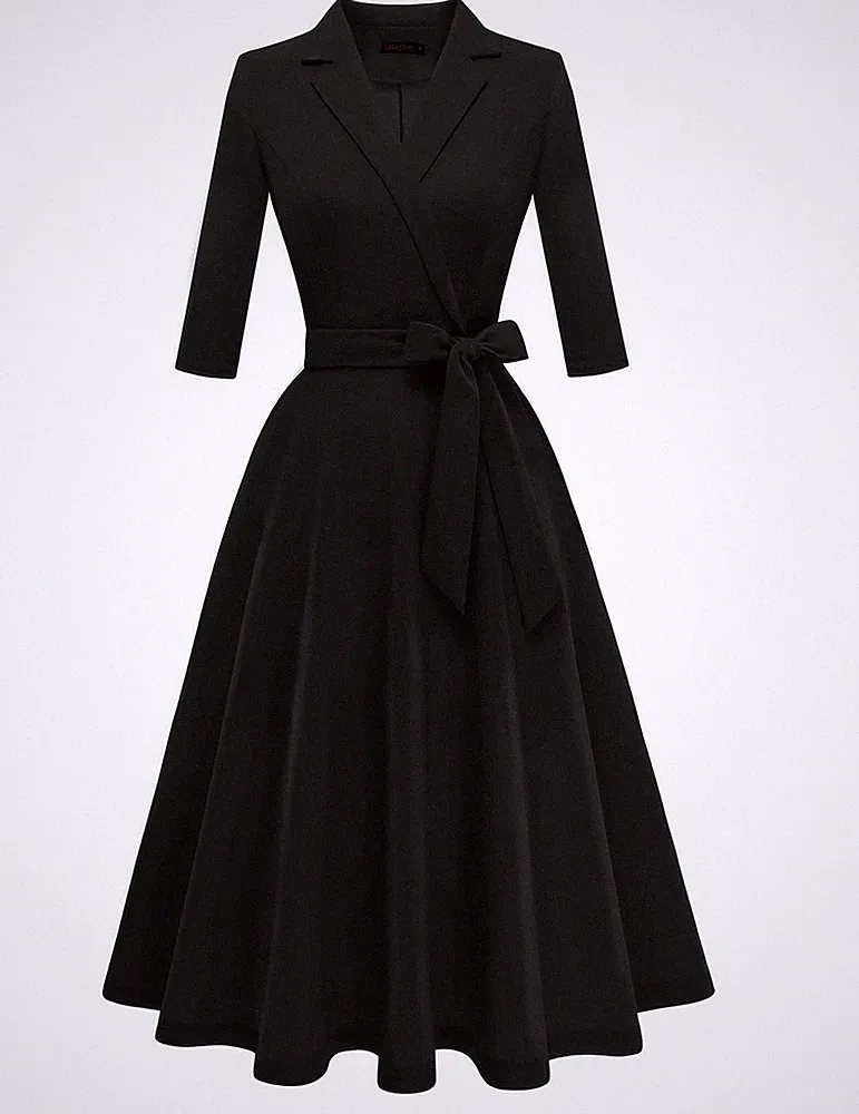 Meetjen Damen Wickel ausgestelltes Midikleid A-Linie Hochzeit Gast Cocktail L, schwarz
