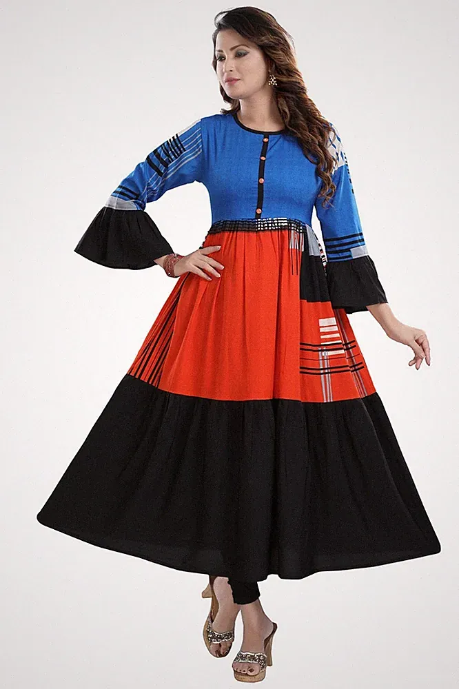 Mehrfarbiges A-Linie Kurti Kleid für Damen Ethno Tunika Kurta Shirt SC2422L