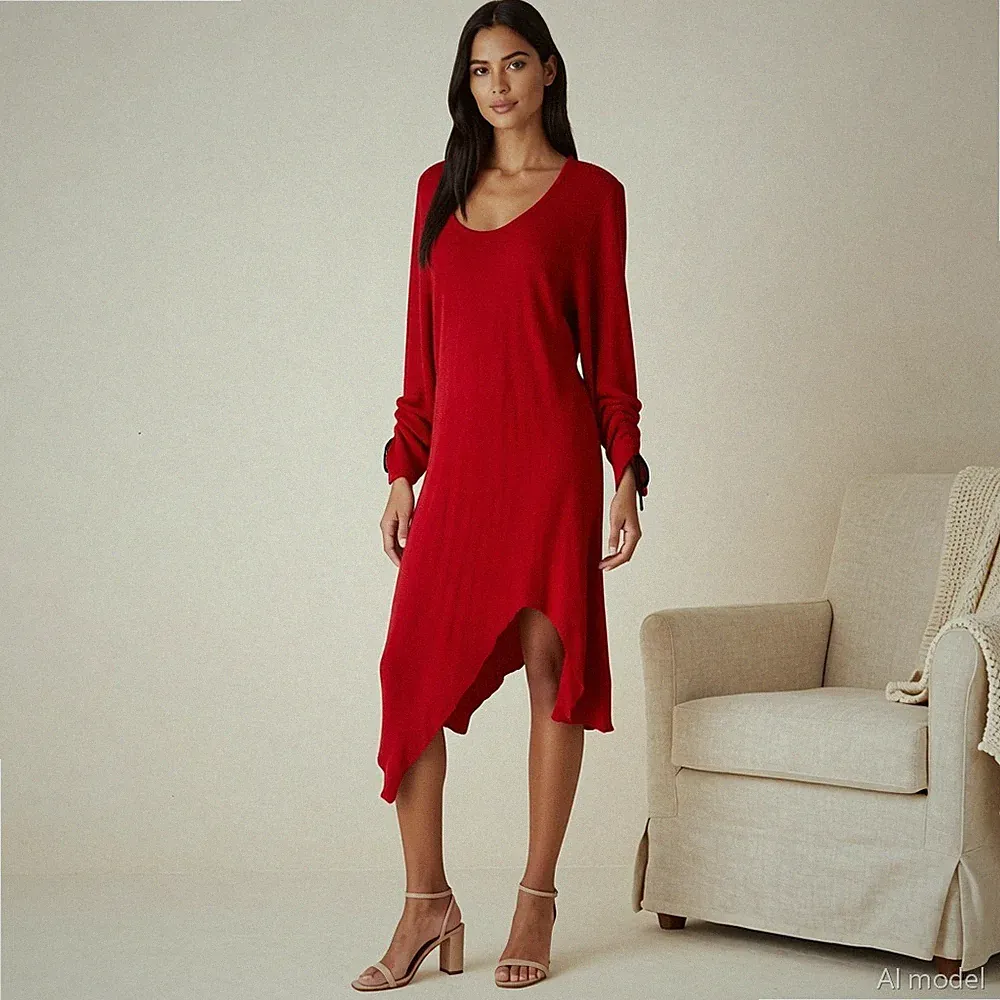 MESTER DESIGN Boho Midi Strickkleid Rot Feinstrick Baumwollmischung Langarm M