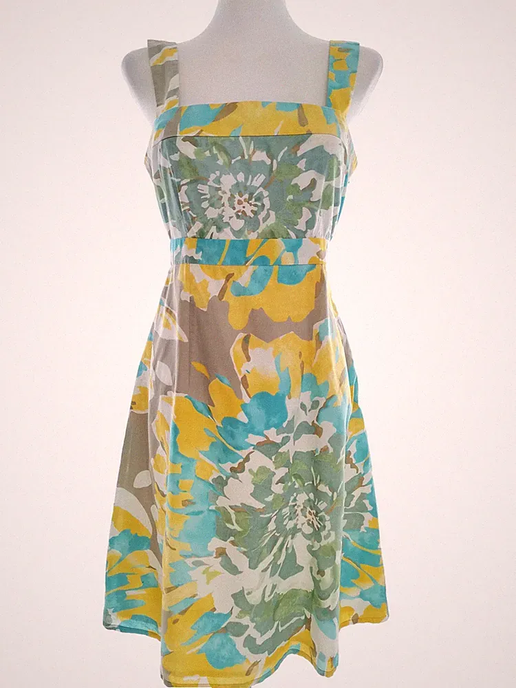 MEXX Damen A-Linien-Kleid Gr. 38 Gelb Baumwolle 100% Ärmellos Logo Midi