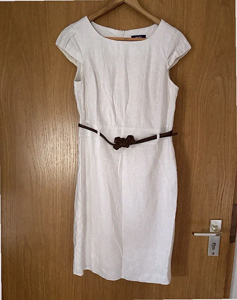 Mexx Damen Etuikleid weiß Gr. 42 Midi Kurzarm Kappenärmel mit Gürtel