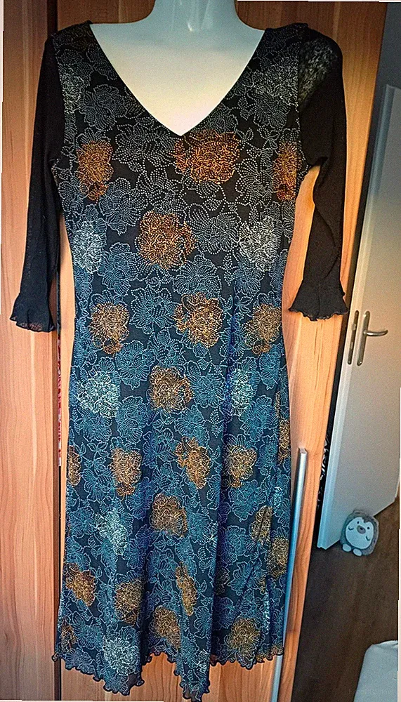 Mexx Damen Kleid Gr. 38 40 Herbst Schwarz geblümt A-Linie V-Ausschnitt 3/4 Arm